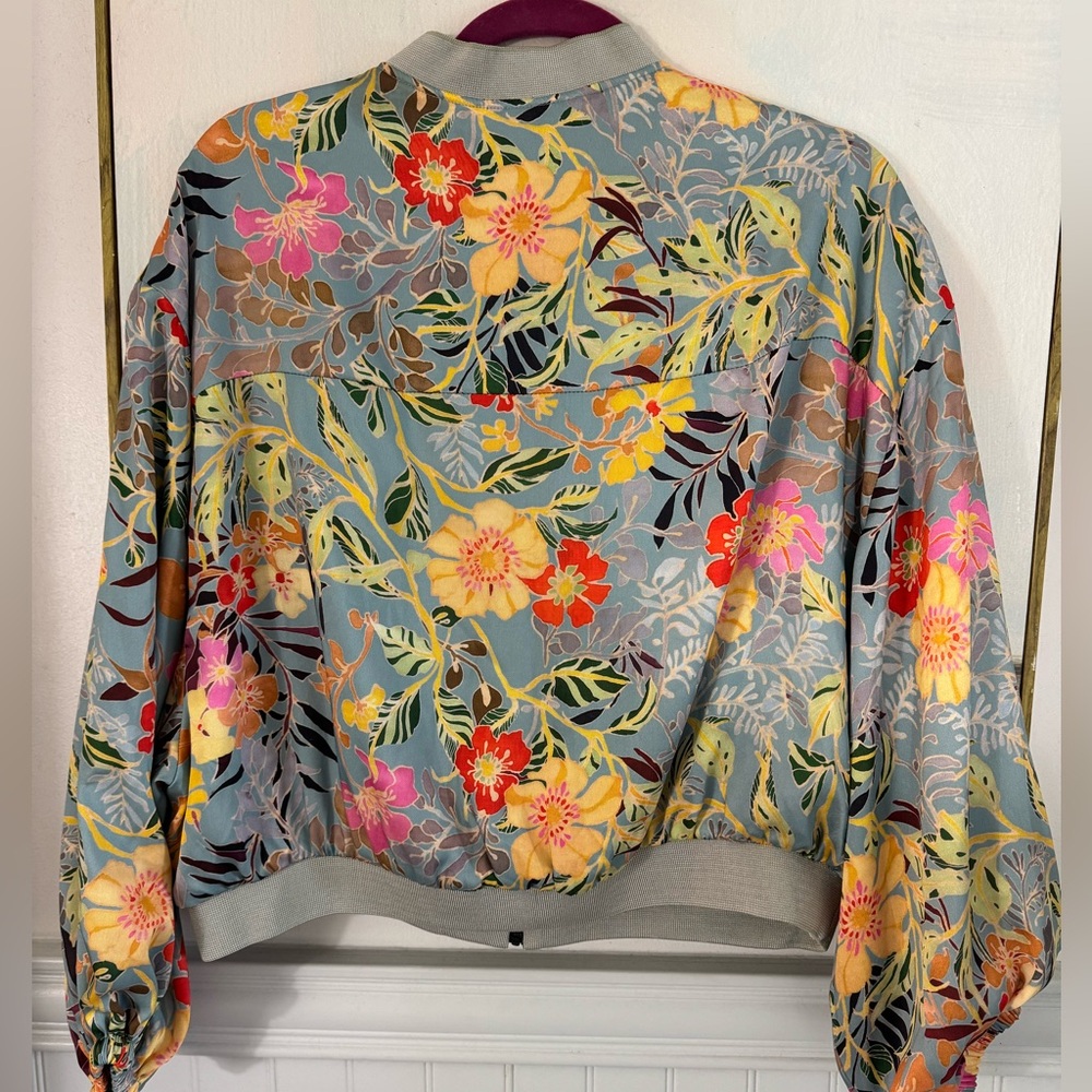 ZARA Silk Cropped Elastic Floral Bomber Teal Tropical Size M - Picture 4 of 4